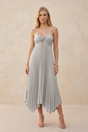 Spaghetti Strap Pleated A - Line Chiffon Midi Bridesmaid Dress in Silver - KissProm Bridesmaid Dresses