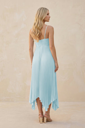 Spaghetti Strap Pleated A - Line Chiffon Midi Bridesmaid Dress in Sky Blue - KissProm Bridesmaid Dresses