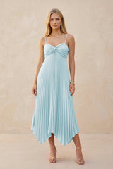 Spaghetti Strap Pleated A - Line Chiffon Midi Bridesmaid Dress in Sky Blue - KissProm Bridesmaid Dresses