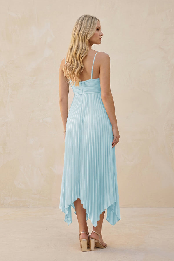 Spaghetti Strap Pleated A - Line Chiffon Midi Bridesmaid Dress in Sky Blue - KissProm Bridesmaid Dresses