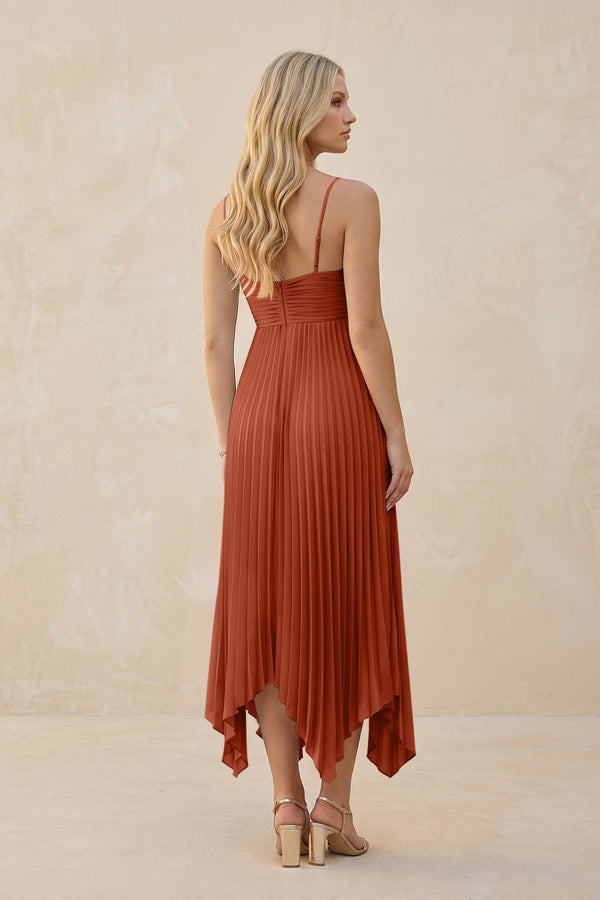 Spaghetti Strap Pleated A - Line Chiffon Midi Bridesmaid Dress in Spice - KissProm Bridesmaid Dresses