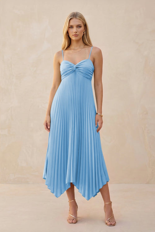 Spaghetti Strap Pleated A - Line Chiffon Midi Bridesmaid Dress in Steel Blue - KissProm Bridesmaid Dresses