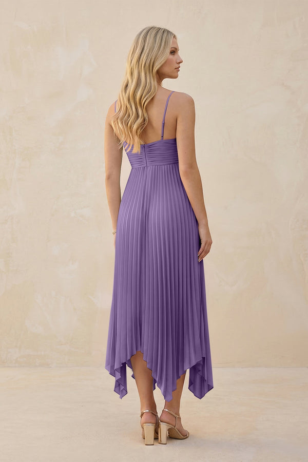 Spaghetti Strap Pleated A - Line Chiffon Midi Bridesmaid Dress in Tahiti - KissProm Bridesmaid Dresses
