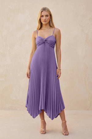 Spaghetti Strap Pleated A - Line Chiffon Midi Bridesmaid Dress in Tahiti - KissProm Bridesmaid Dresses