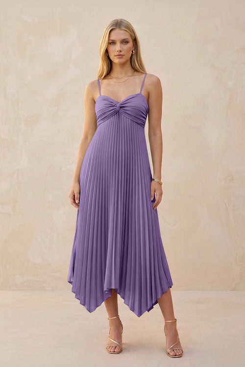 Spaghetti Strap Pleated A - Line Chiffon Midi Bridesmaid Dress in Tahiti - KissProm Bridesmaid Dresses
