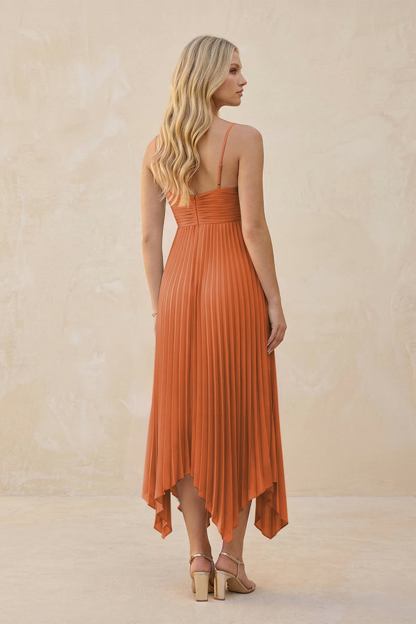 Spaghetti Strap Pleated A - Line Chiffon Midi Bridesmaid Dress in Terracotta - KissProm Bridesmaid Dresses