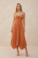 Spaghetti Strap Pleated A - Line Chiffon Midi Bridesmaid Dress in Terracotta - KissProm Bridesmaid Dresses