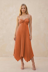 Spaghetti Strap Pleated A - Line Chiffon Midi Bridesmaid Dress in Terracotta - KissProm Bridesmaid Dresses