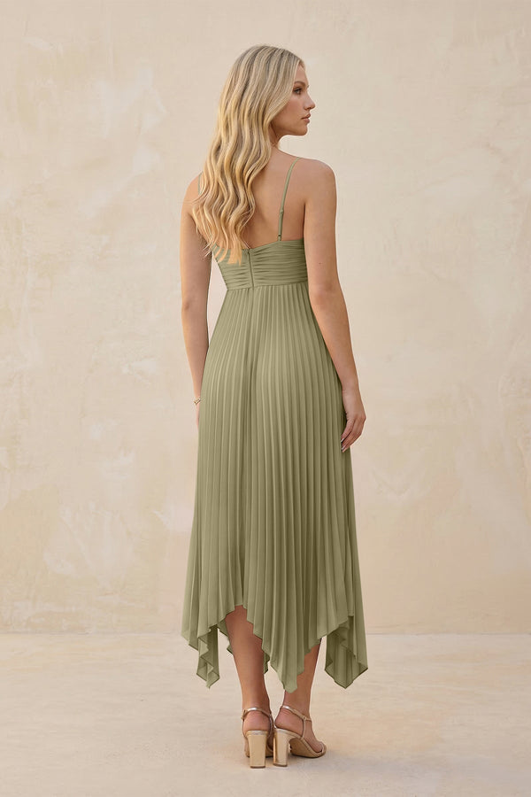 Spaghetti Strap Pleated A - Line Chiffon Midi Bridesmaid Dress in Thyme - KissProm Bridesmaid Dresses