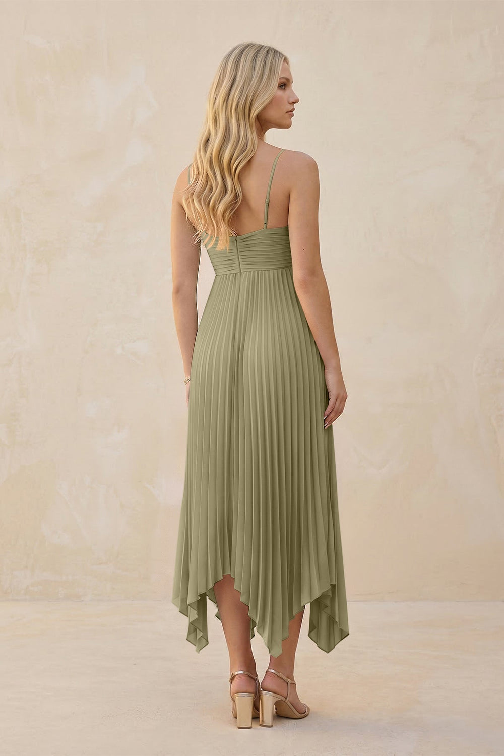 Spaghetti Strap Pleated A - Line Chiffon Midi Bridesmaid Dress in Thyme - KissProm Bridesmaid Dresses