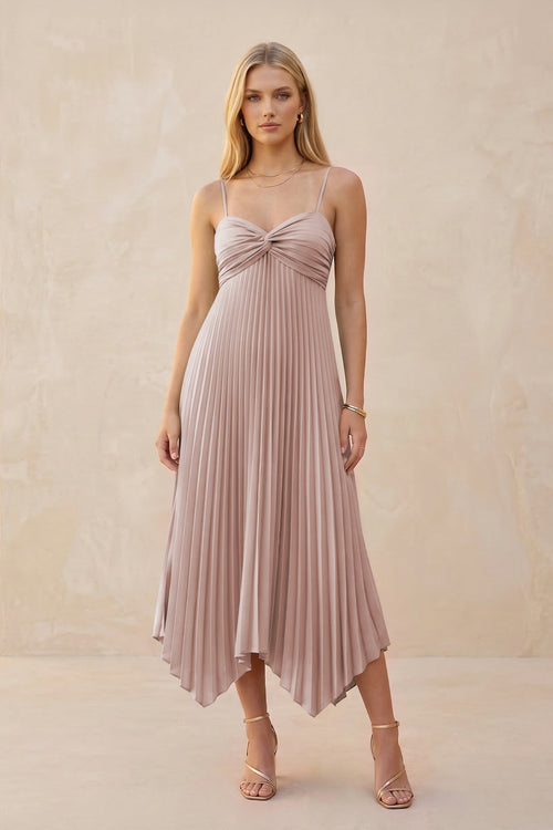 Spaghetti Strap Pleated A - Line Chiffon Midi Bridesmaid Dress in Toffee - KissProm Bridesmaid Dresses
