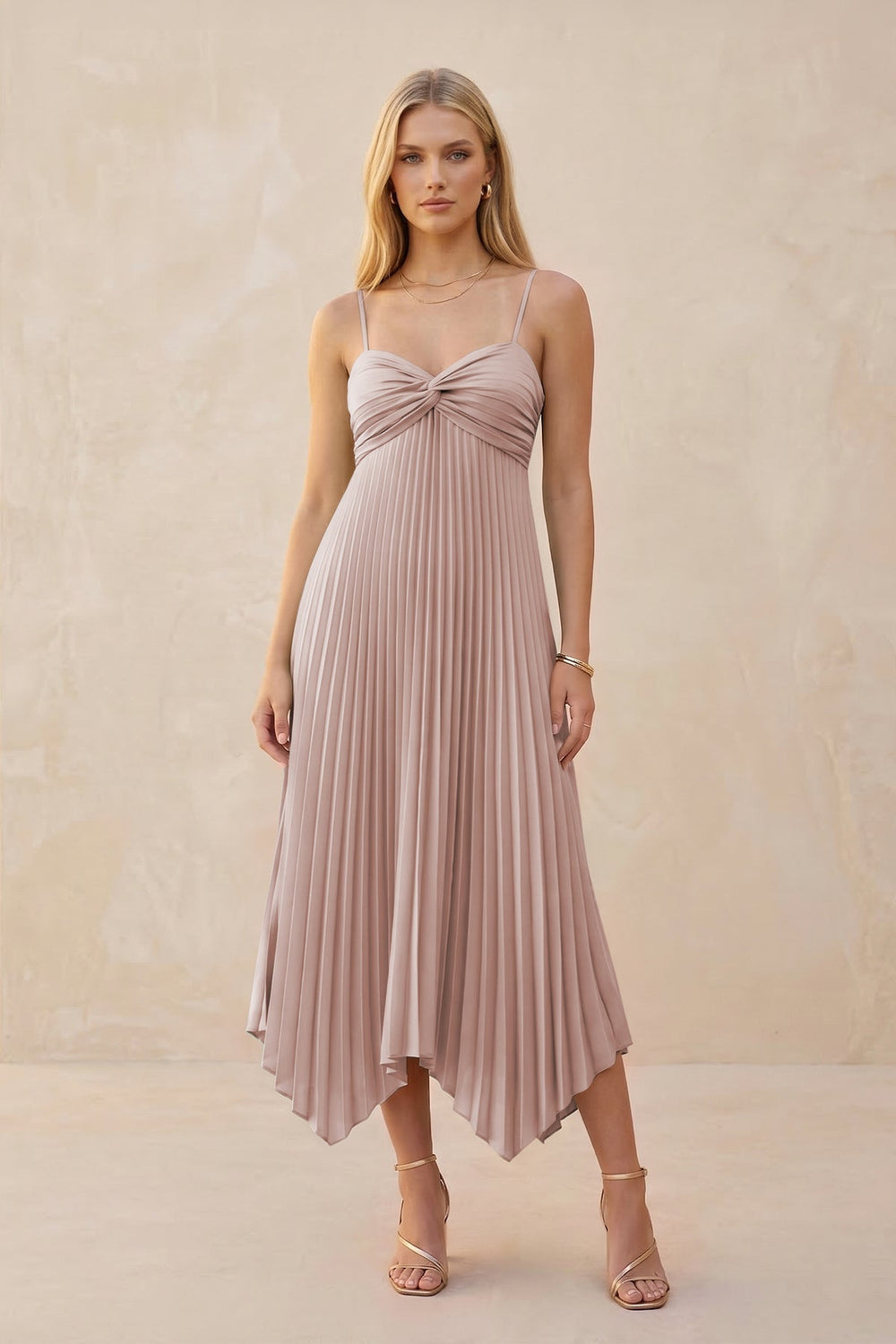 Spaghetti Strap Pleated A - Line Chiffon Midi Bridesmaid Dress in Toffee - KissProm Bridesmaid Dresses