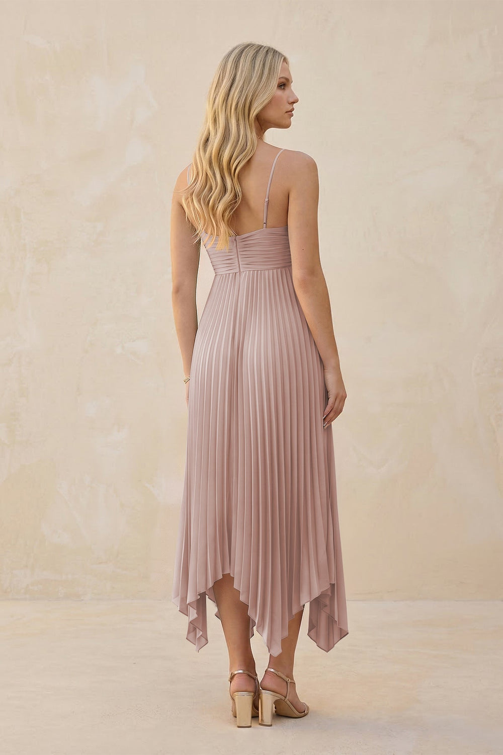 Spaghetti Strap Pleated A - Line Chiffon Midi Bridesmaid Dress in Toffee - KissProm Bridesmaid Dresses