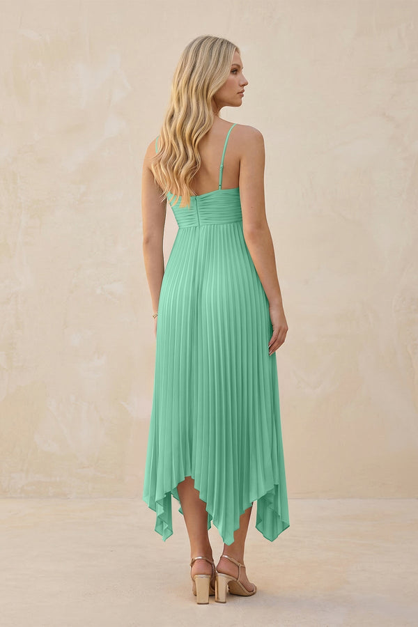 Spaghetti Strap Pleated A - Line Chiffon Midi Bridesmaid Dress in Turquoise - KissProm Bridesmaid Dresses