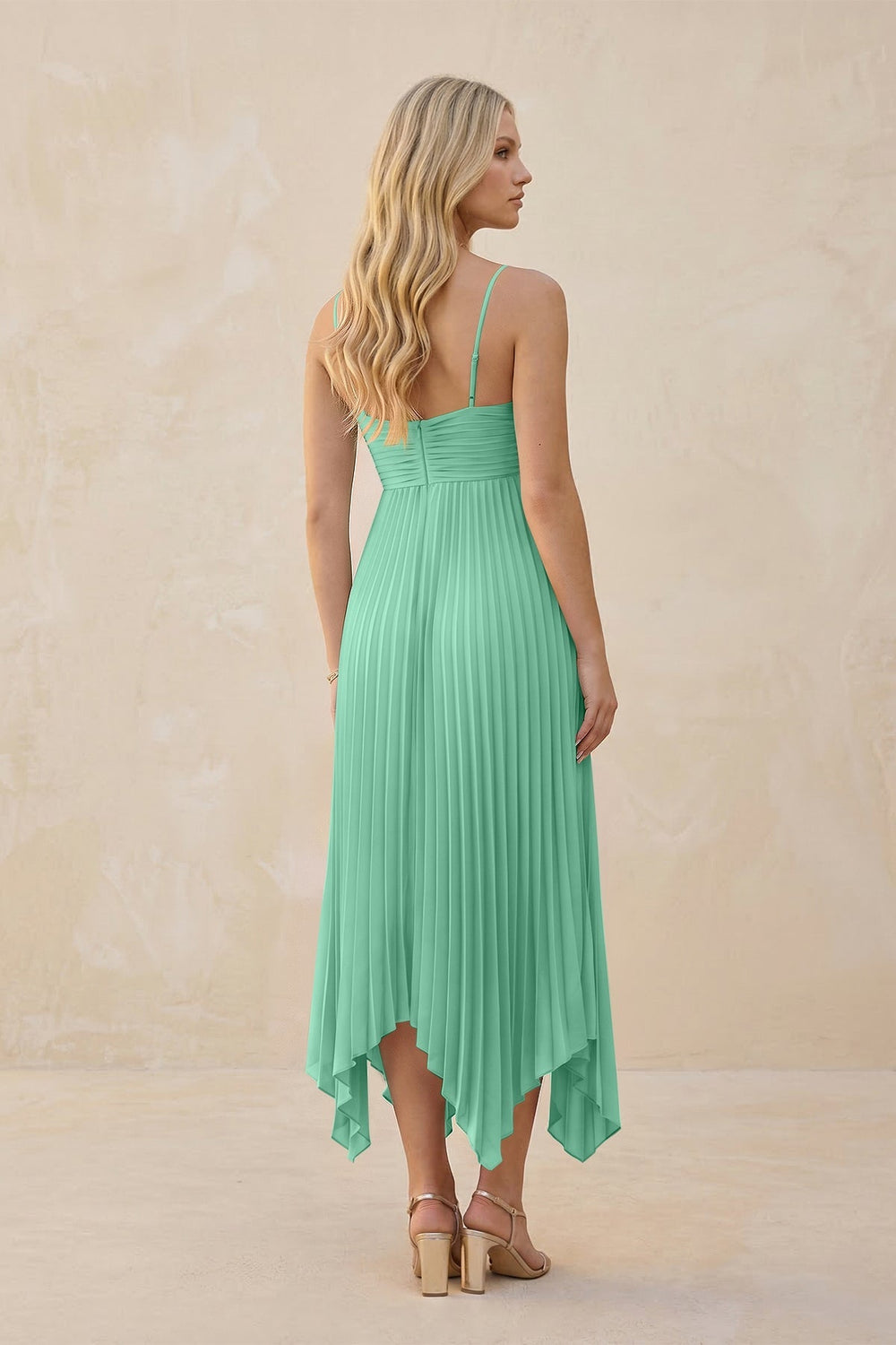 Spaghetti Strap Pleated A - Line Chiffon Midi Bridesmaid Dress in Turquoise - KissProm Bridesmaid Dresses