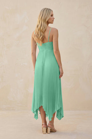 Spaghetti Strap Pleated A - Line Chiffon Midi Bridesmaid Dress in Turquoise - KissProm Bridesmaid Dresses