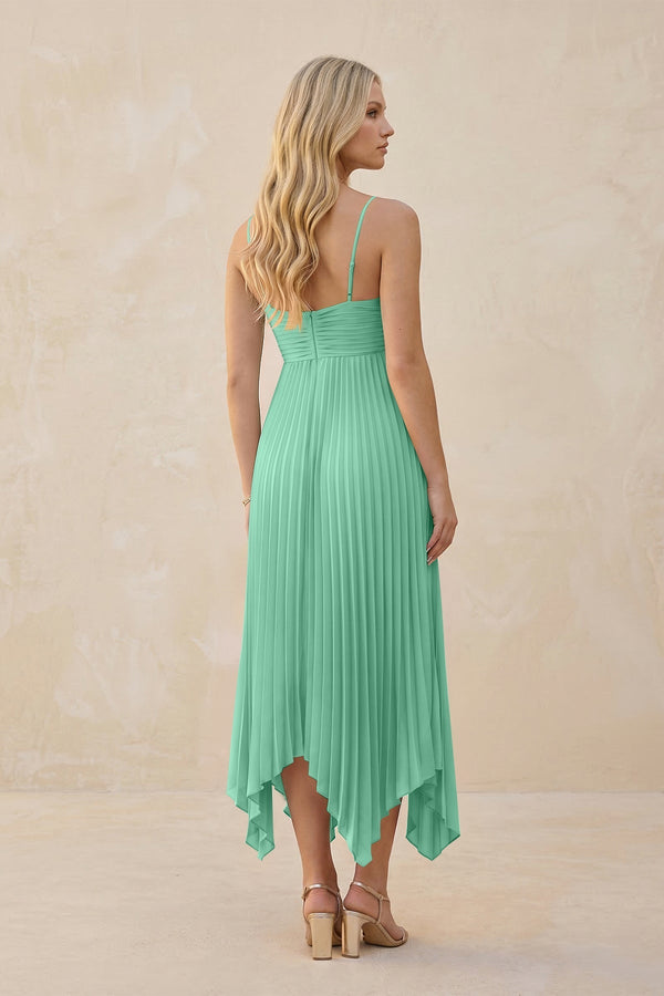 Spaghetti Strap Pleated A - Line Chiffon Midi Bridesmaid Dress in Turquoise - KissProm Bridesmaid Dresses