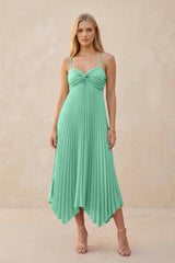 Spaghetti Strap Pleated A - Line Chiffon Midi Bridesmaid Dress in Turquoise - KissProm Bridesmaid Dresses