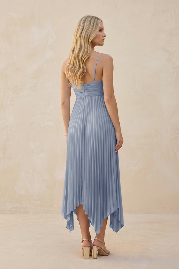 Spaghetti Strap Pleated A - Line Chiffon Midi Bridesmaid Dress in Twilight - KissProm Bridesmaid Dresses