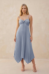 Spaghetti Strap Pleated A - Line Chiffon Midi Bridesmaid Dress in Twilight - KissProm Bridesmaid Dresses