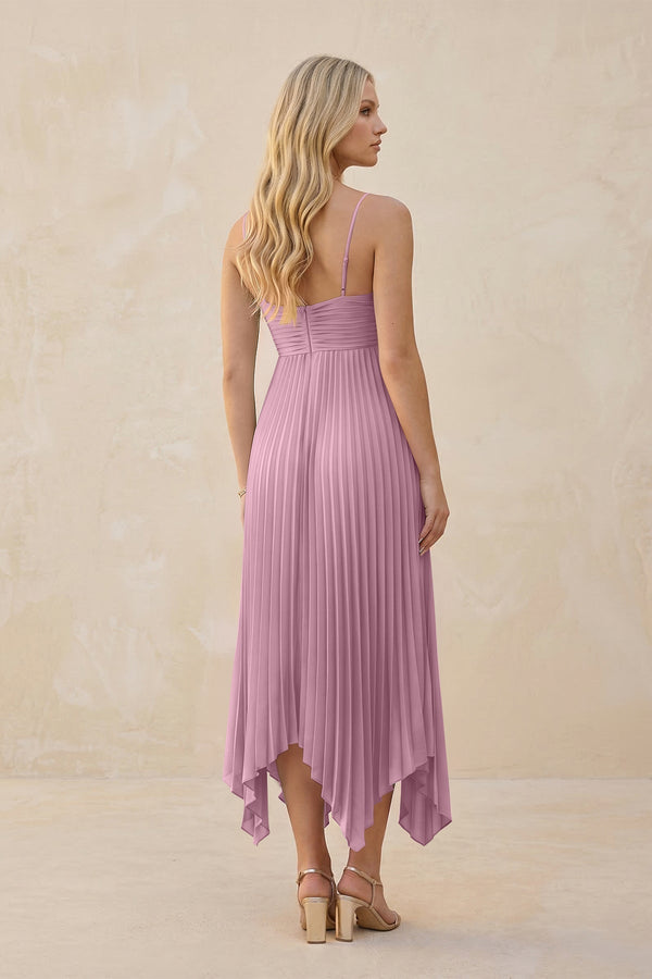 Spaghetti Strap Pleated A - Line Chiffon Midi Bridesmaid Dress in Vintage Mauve - KissProm Bridesmaid Dresses