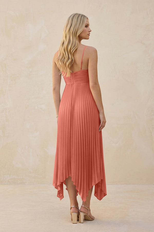 Spaghetti Strap Pleated A - Line Chiffon Midi Bridesmaid Dress in Wild Rose - KissProm Bridesmaid Dresses