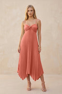 Spaghetti Strap Pleated A - Line Chiffon Midi Bridesmaid Dress in Wild Rose - KissProm Bridesmaid Dresses