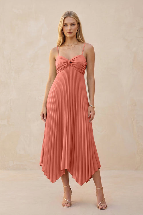 Spaghetti Strap Pleated A - Line Chiffon Midi Bridesmaid Dress in Wild Rose - KissProm Bridesmaid Dresses
