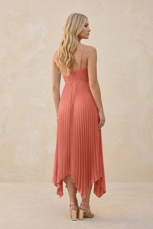 Spaghetti Strap Pleated A - Line Chiffon Midi Bridesmaid Dress in Wild Rose - KissProm Bridesmaid Dresses