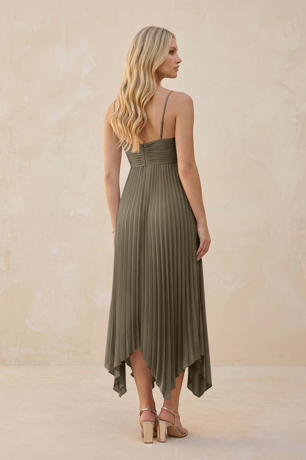 Spaghetti Strap Pleated A - Line Chiffon Midi Bridesmaid Dress in Willow Green - KissProm Bridesmaid Dresses