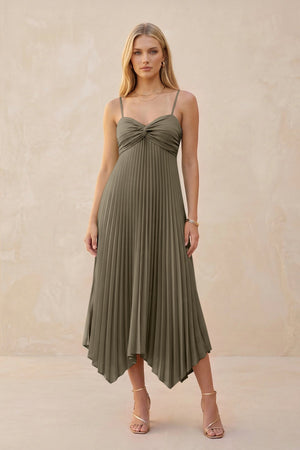 Spaghetti Strap Pleated A - Line Chiffon Midi Bridesmaid Dress in Willow Green - KissProm Bridesmaid Dresses