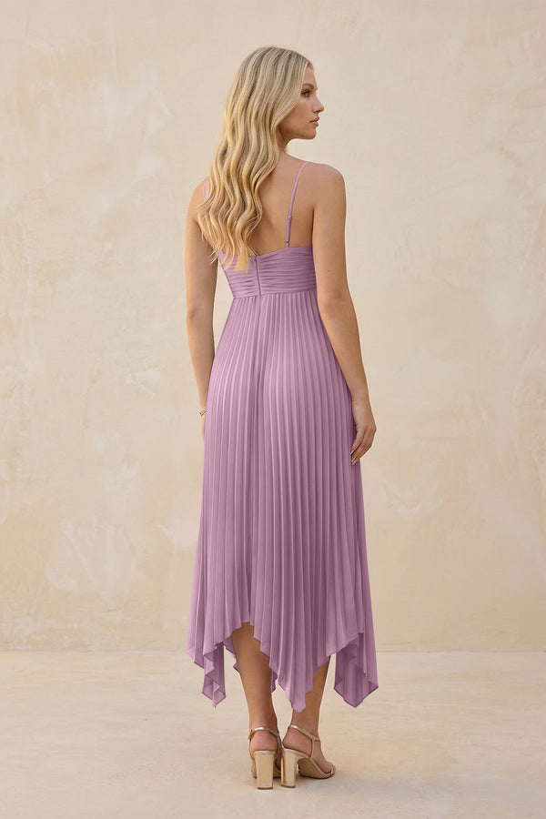 Spaghetti Strap Pleated A - Line Chiffon Midi Bridesmaid Dress in Wisteria - KissProm Bridesmaid Dresses