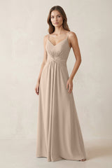 Spaghetti Strap Ruched Chiffon A - Line Bridesmaid Dress in Almond - KissProm Bridesmaid Dresses