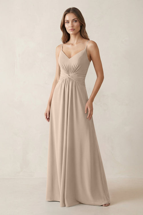 Spaghetti Strap Ruched Chiffon A - Line Bridesmaid Dress in Almond - KissProm Bridesmaid Dresses