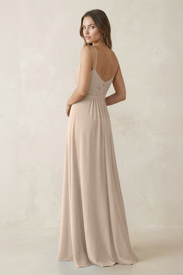 Spaghetti Strap Ruched Chiffon A - Line Bridesmaid Dress in Almond - KissProm Bridesmaid Dresses