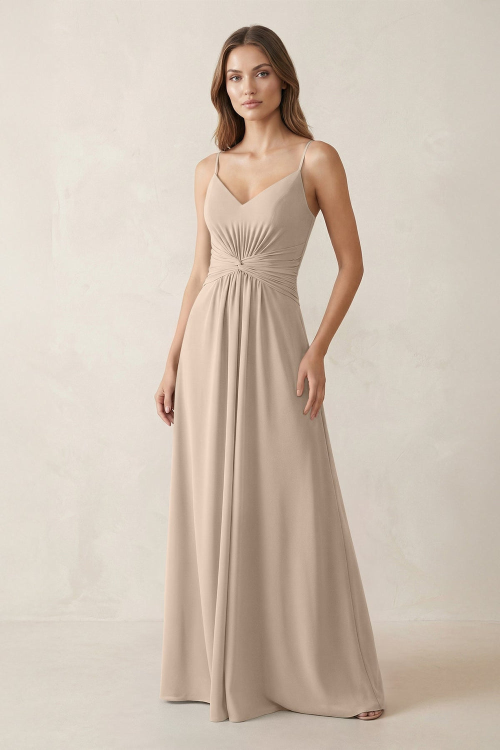 Spaghetti Strap Ruched Chiffon A - Line Bridesmaid Dress in Almond - KissProm Bridesmaid Dresses