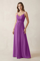 Spaghetti Strap Ruched Chiffon A - Line Bridesmaid Dress in Amethyst - KissProm Bridesmaid Dresses