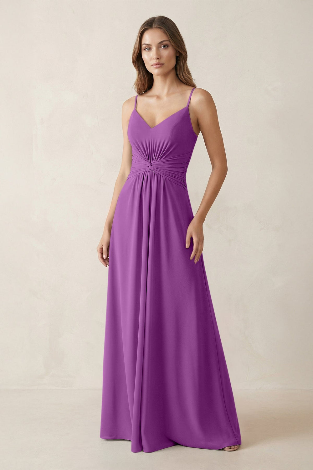 Spaghetti Strap Ruched Chiffon A - Line Bridesmaid Dress in Amethyst - KissProm Bridesmaid Dresses