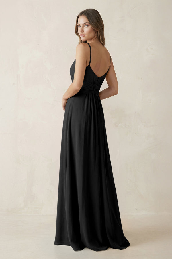 Spaghetti Strap Ruched Chiffon A - Line Bridesmaid Dress in Black - KissProm Bridesmaid Dresses