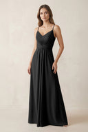 Spaghetti Strap Ruched Chiffon A - Line Bridesmaid Dress in Black - KissProm Bridesmaid Dresses