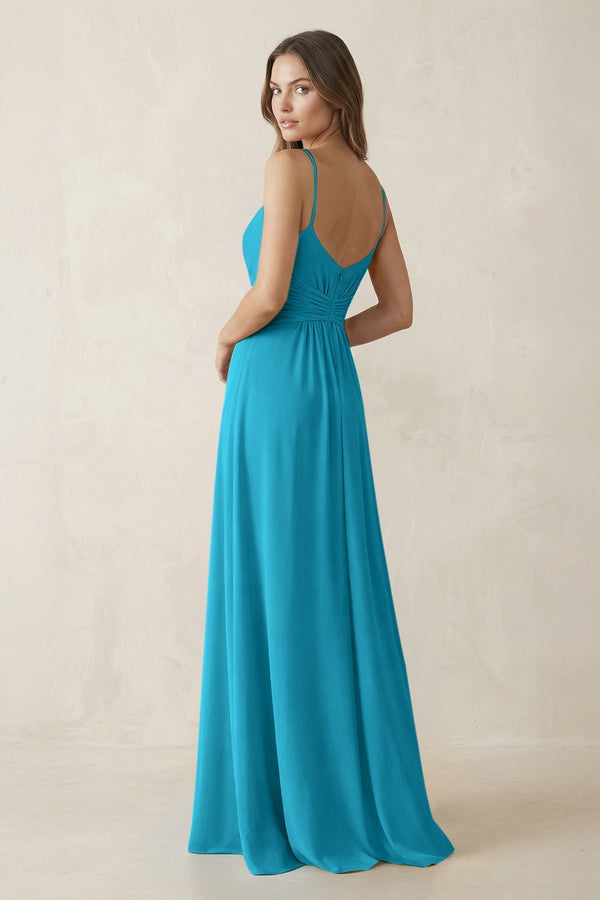 Spaghetti Strap Ruched Chiffon A - Line Bridesmaid Dress in Blue Jay - KissProm Bridesmaid Dresses
