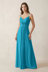 Spaghetti Strap Ruched Chiffon A - Line Bridesmaid Dress in Blue Jay - KissProm Bridesmaid Dresses