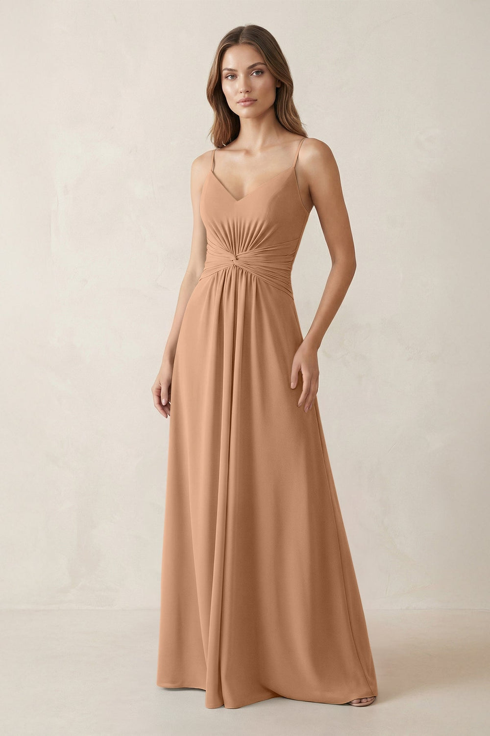 Spaghetti Strap Ruched Chiffon A - Line Bridesmaid Dress in Bronzer - KissProm Bridesmaid Dresses