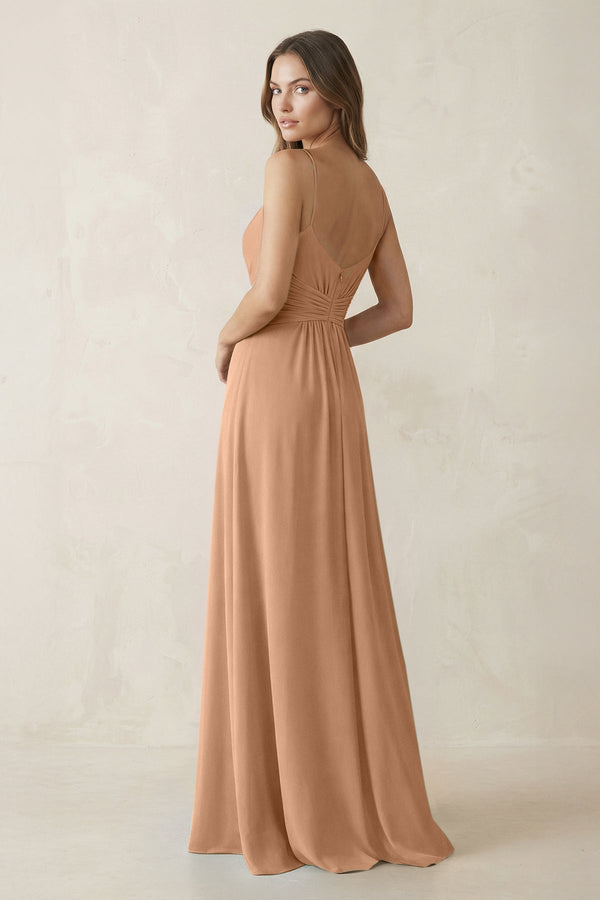 Spaghetti Strap Ruched Chiffon A - Line Bridesmaid Dress in Bronzer - KissProm Bridesmaid Dresses