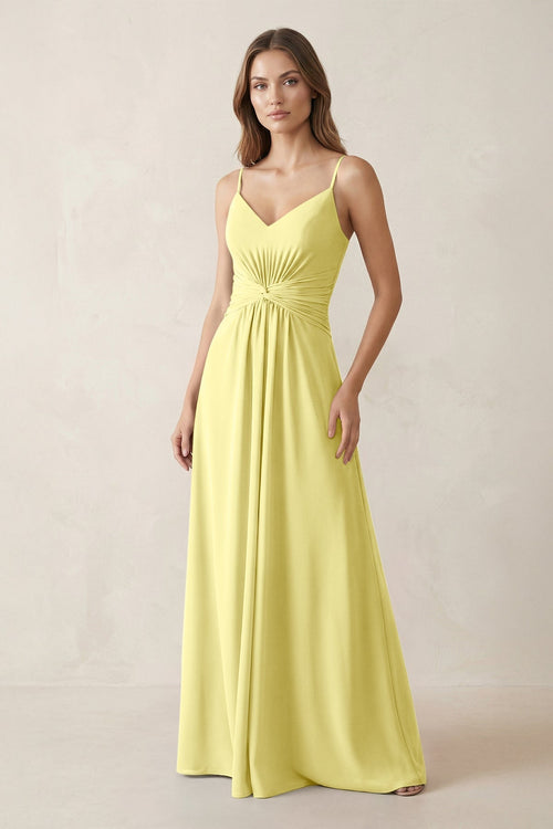 Spaghetti Strap Ruched Chiffon A - Line Bridesmaid Dress in Buttercup - KissProm Bridesmaid Dresses