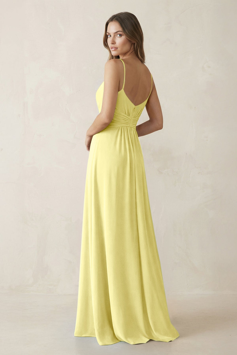Spaghetti Strap Ruched Chiffon A - Line Bridesmaid Dress in Buttercup - KissProm Bridesmaid Dresses