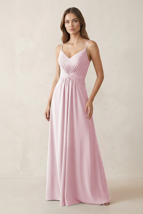 Spaghetti Strap Ruched Chiffon A - Line Bridesmaid Dress in Candy Pink - KissProm Bridesmaid Dresses