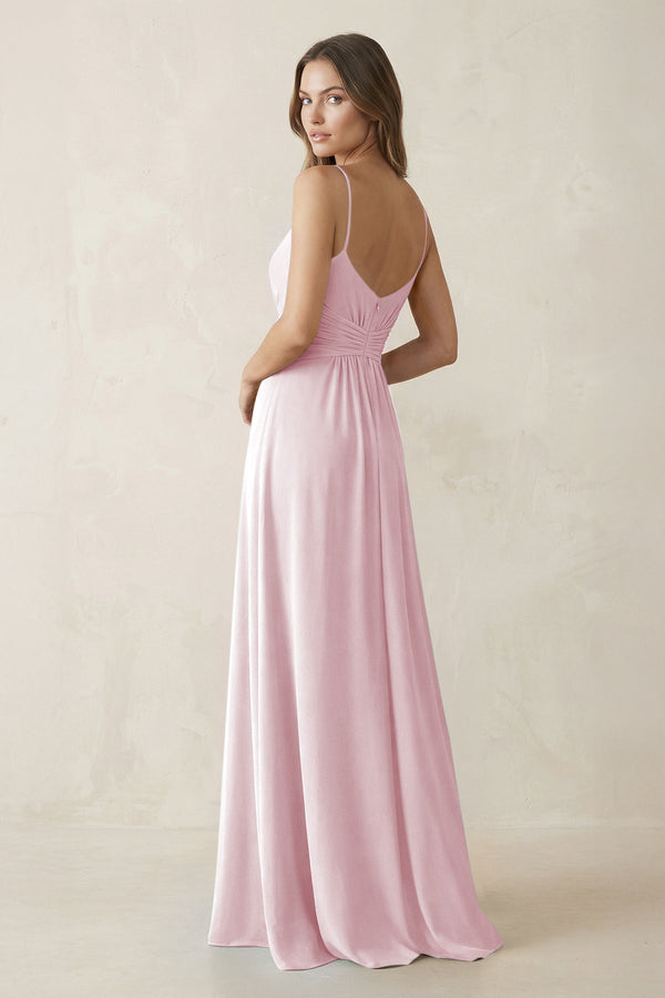 Spaghetti Strap Ruched Chiffon A - Line Bridesmaid Dress in Candy Pink - KissProm Bridesmaid Dresses