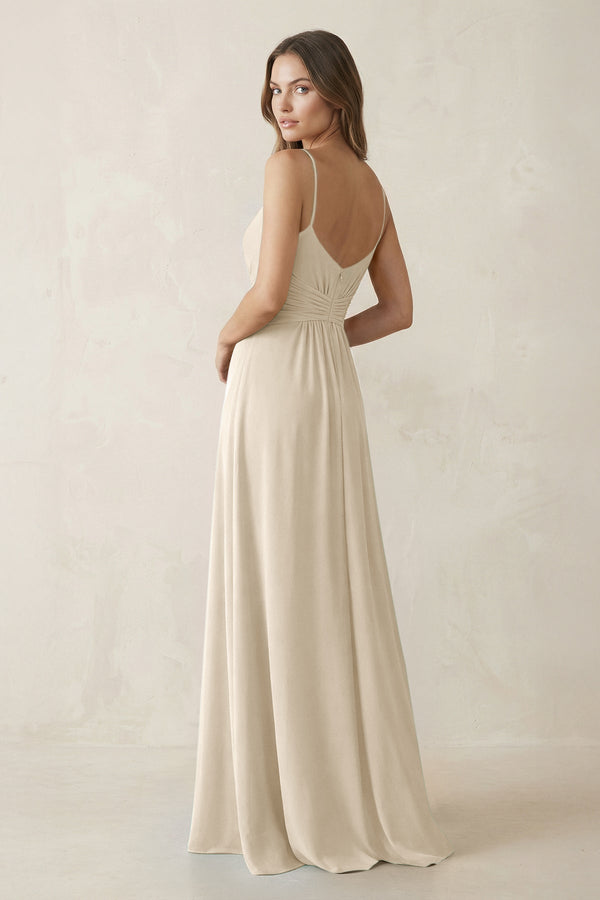 Spaghetti Strap Ruched Chiffon A - Line Bridesmaid Dress in Champagne - KissProm Bridesmaid Dresses