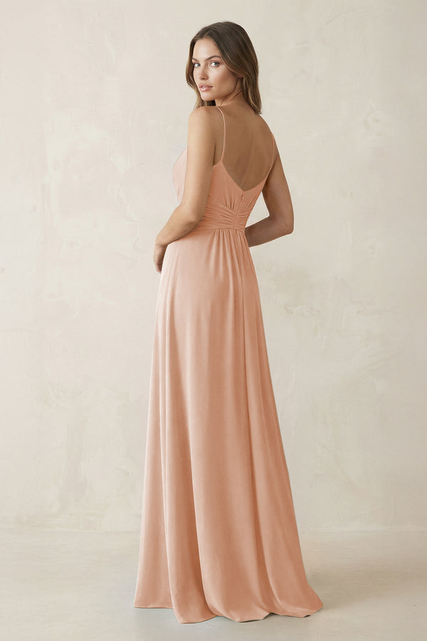 Spaghetti Strap Ruched Chiffon A - Line Bridesmaid Dress in Champagne Rose - KissProm Bridesmaid Dresses